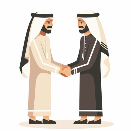 Two Middle Eastern men greeting handshake. Both wear traditional clothing, one white dishdasha black thobe. Illustration displaying cultural respect engagementのイラスト素材