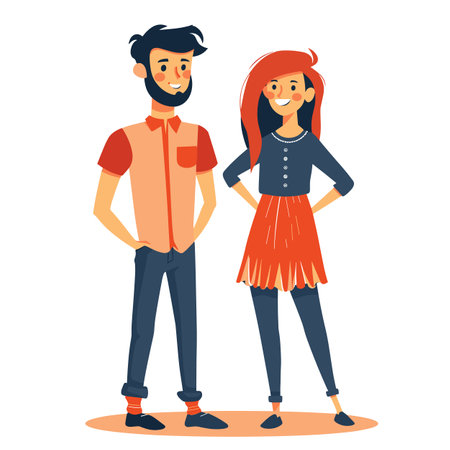 Young man woman standing together smiling, casual clothing, happy, confident, friendly. Male short hair, beard, shirt, female long hair, skirt. Young adults cheerful, couple friends colorfulのイラスト素材