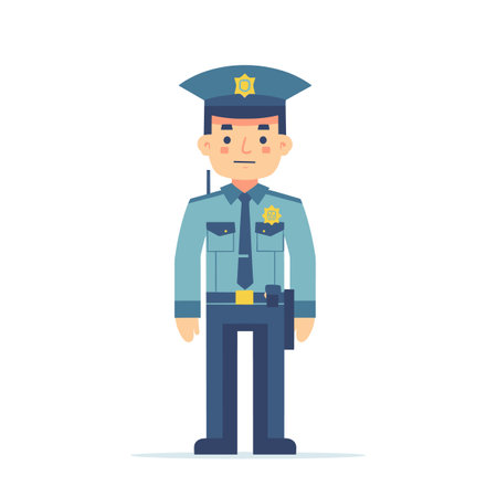 Young male police officer standing confidently hands resting duty belt. Cartoon character police uniform badge radiating professionalism. Friendly officer simple illustration isolated whiteのイラスト素材
