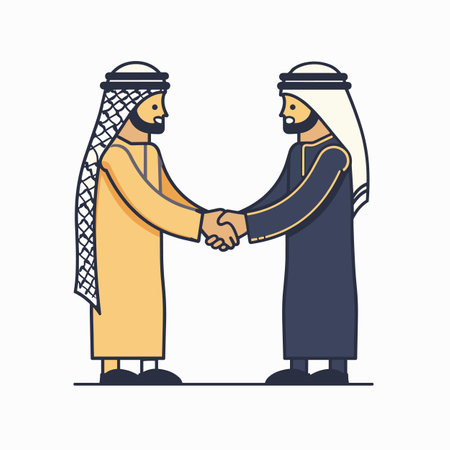 Two Middle Eastern men traditional attire shaking hands, signifying agreement greeting, vector style. One man wears white headdress checkered one, both thobes. Graphic illustration emphasizesのイラスト素材