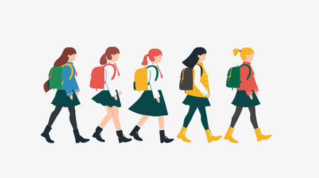 Five young girls walking side side, carrying different colored backpacks, dressed school uniforms skirts various colored tops shoes. Girls appear cool, casual, ready schoolのイラスト素材