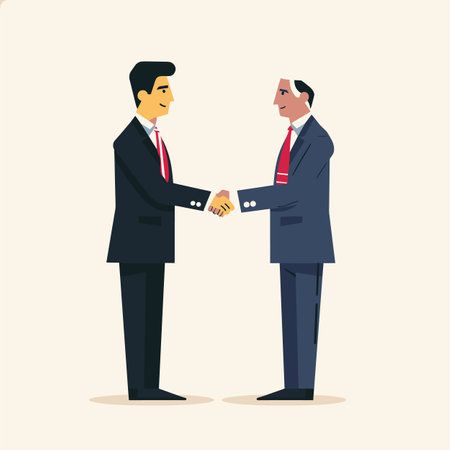 Two businessmen shaking hands during friendly greeting. Professional partnership two adult men suits engaging handshake. Corporate deal sealed formal handshake between executivesのイラスト素材