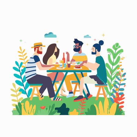 Three friends enjoying outdoor picnic, dining casually surrounded plants, sharing meal. Multicultural group eating together, vibrant colors, clear sky, relaxed atmosphere, summer scene. Picnic tableのイラスト素材
