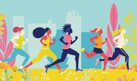 Diverse group female runners jogging through urban park, multicultural athletes exercising outdoors, sport fitness concept city skyline. Energetic women participating marathon race, health wellnessのイラスト素材