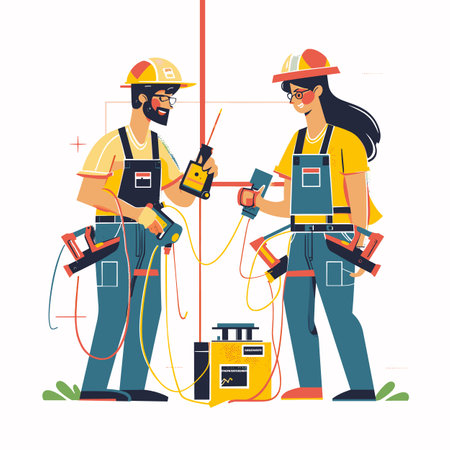 Two cartoon construction workers, one male one female, using tools equipment. Male worker walkietalkie drill, female measuring device, both wearing yellow helmets safety gear. Colorfulのイラスト素材
