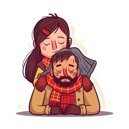 Woman comforting man, both appear sad, woman hugging man, man has eyes closed looks distressed. Characters wearing winter clothes, scarves, illustration style cartoon isolated white backgroundのイラスト素材
