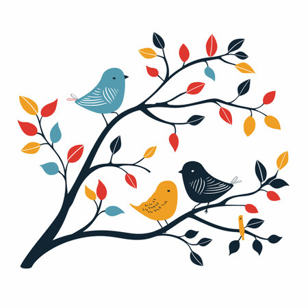 Three colorful birds perched branches adorned autumn leaves. Elegant simple shapes bold colors create modern graphic style. Birds leaves contrast sharply against plain backgroundのイラスト素材