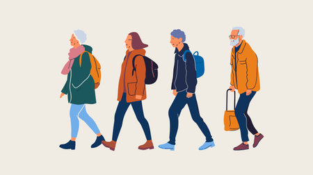 Four diverse people walking side side, age progression young adult elderly depicted, person dressed seasonal clothing, carrying bags, showcasing generational fashion styles. Casual modern attireのイラスト素材