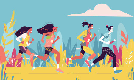 Four diverse runners jogging through colorful, stylized vegetation under clear sky, multicultural group energetic athletes sportswear run marathon, displaying motion vitality. Young adults engageのイラスト素材