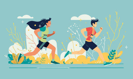 Two animated characters running outdoors, male female joggers athletic wear. Vibrant flat design illustration recreational running, active lifestyle concept. Man woman exercising together, havingのイラスト素材