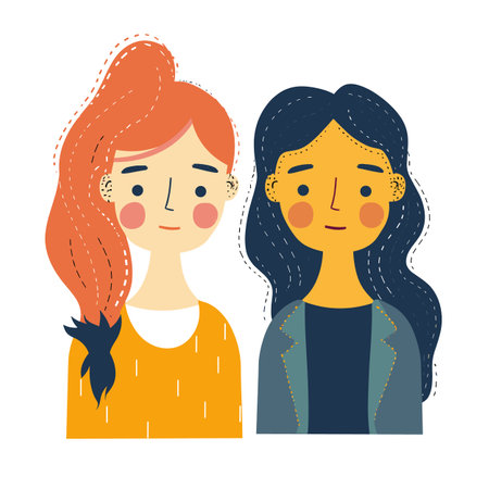 Two women illustrated modern, flat design style, friendly, smiling. Redheaded woman wearing orange shirt, blackhaired woman blue jacket. Both characters exhibit content expressions, simplisticのイラスト素材