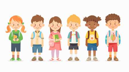 Diverse group cartoon children standing together, smiling kids different ethnicities ready school. Group cute young students backpacks books, boys girls casual clothes. Happy cartoon kids line upのイラスト素材