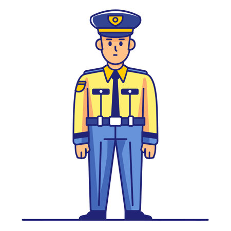 Cartoon police officer stands confidently, dressed yellow shirt, blue pants, cap. Male police character simplicity minimal detail. Vector occupation illustration law enforcement officer uniformのイラスト素材