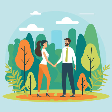 Man woman shaking hands park, business agreement outdoors, friendly meeting. Professional attire signifies business context green trees, casual park setting agreement. Illustration cooperationのイラスト素材