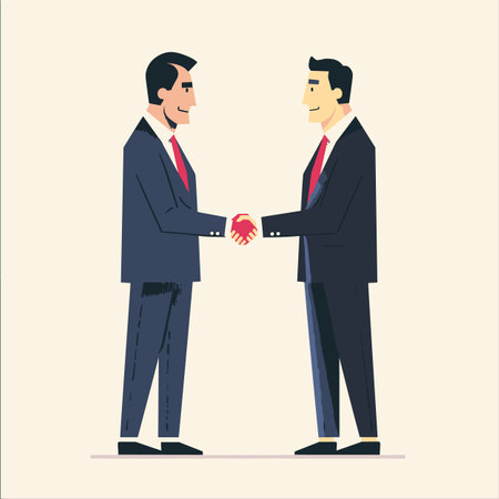 Two businessmen handshake agreement partnership. Male executives handshaking deal professional greeting. Successful negotiation businessmen shake hands corporate meetingのイラスト素材