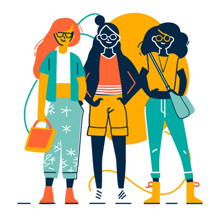 Three young women posing together, wearing casual fashion, diverse, stylish friends standing. Fashionable female characters vibrant clothes, sunglasses, friendship, urban style, diverse groupのイラスト素材