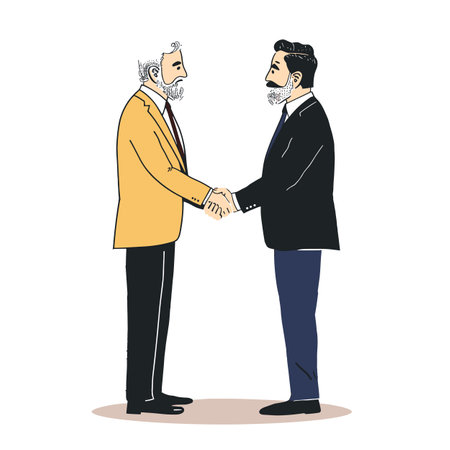 Two men shaking hands, casual formal attire, professional greeting, agreement celebration. One man yellow blazer, greyhaired, black suit, beard, business partnership. Handshake signifies meetingのイラスト素材