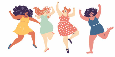 Four diverse women celebrating, dancing joyfully, vibrant dresses hairstyles. Happy female group, body positivity, cheerful party scene, diverse body types. Illustration women, fun gatheringのイラスト素材