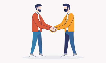 Two men shaking hands casual business greeting. Both characters beards, wearing colorful longsleeve shirts, jeans, sneakers. Simple flat design, solid colors, background plainのイラスト素材