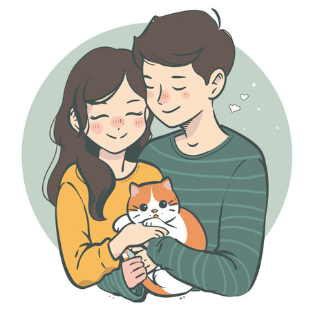 Couple embracing lovingly holding grumpy cat, young man woman enjoying company, adorable cat not amused affection. Smiling woman man cuddling orange white feline, family love moment, ownersのイラスト素材