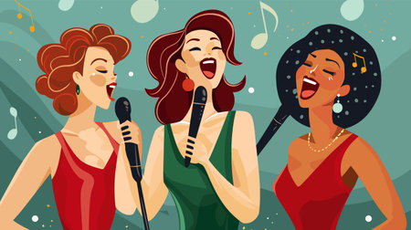 Three women singing joyfully into microphones, vibrant colors, musical notes background. Women wearing elegant dresses, large earrings, expressing happiness, retro jazz style. Female vocalistsのイラスト素材