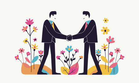Two men business suits shaking hands amid colorful flowers. Business agreement, partnership concept, flourishing deal backdrop. Friendly handshake between colleagues thriving environmentのイラスト素材