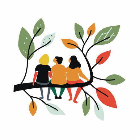 Three people sitting branch, abstract colorful leaves surrounding them, friendship concept. Diverse group enjoys nature, simplistic style, joyful peaceful atmosphere. Cartoon characters connectedのイラスト素材