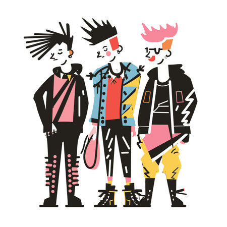 Three punk style characters standing together, colorful punk fashion, Mohawk hairstyle, spiked bracelets, boots. Cartoon rock group, vibrant outfits, sunglasses, diverse hairdos, edgy attitude, rockのイラスト素材