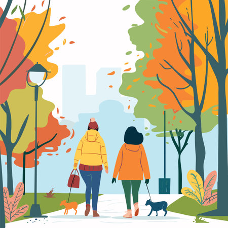 Two people walking dogs autumn park, colorful trees, leaves falling, casual clothing. Kids enjoying stroll pets, city skyline backdrop, seasonal outdoor activity. Happy friends walk small medium dogのイラスト素材