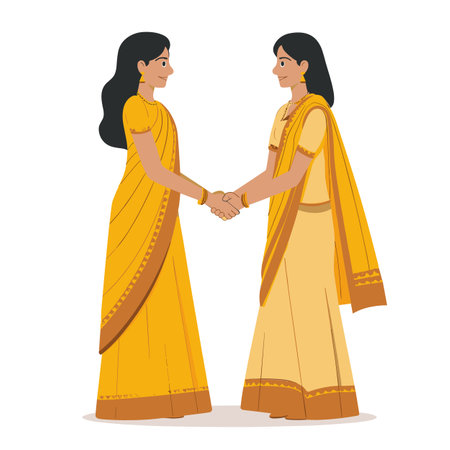 Two Indian women greeting handshake, dressed traditional sarees. Females stand against isolated white background, wear yellow gold sarees, display friendly gesture. Illustration cultural Indianのイラスト素材