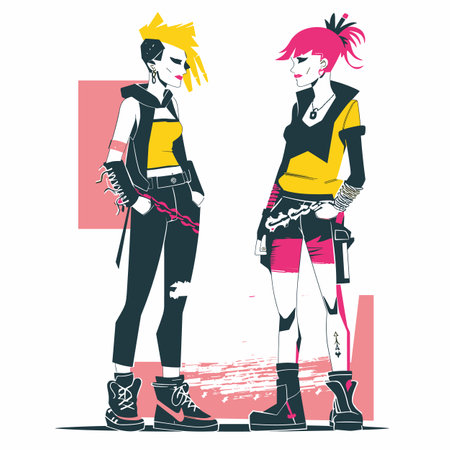 Two punk rock females standing, fashionably dressed, edgy style. Punk hairstyles, yellow pink highlights, graphic clothing, boots, fashion pose. Youth subculture, rockers facing other, whiteのイラスト素材