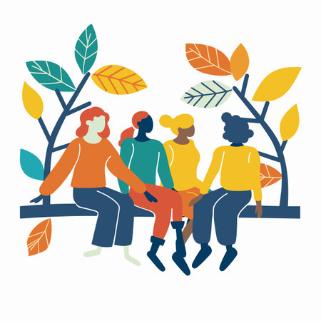 Three diverse women sitting together, foliage backdrop. Casual attire, friendship concept, stylized graphic. Multicultural group, relaxation, unity nature sceneのイラスト素材