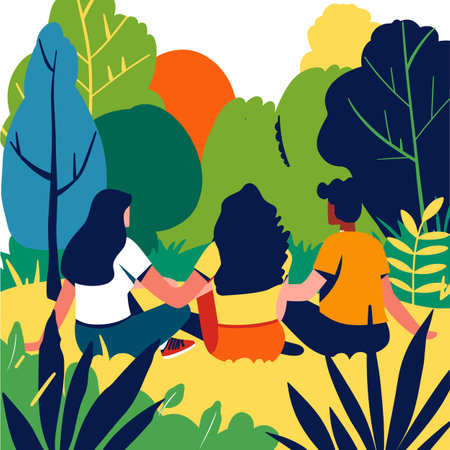 Three young people enjoying nature sitting together. Friends engaged casual conversation outdoors. Bright, colorful illustration friendship outdoor relaxationのイラスト素材
