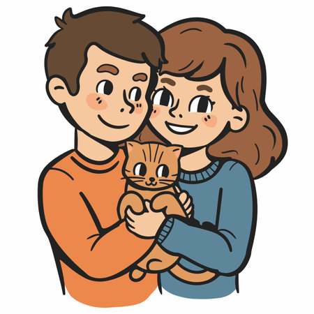Young couple happily holding ginger kitten, smiling faces, affectionate moment. Boy orange shirt, girl blue sweater, cartoon style illustrated. Cute pet adoption, joyful expression, friendly animalのイラスト素材