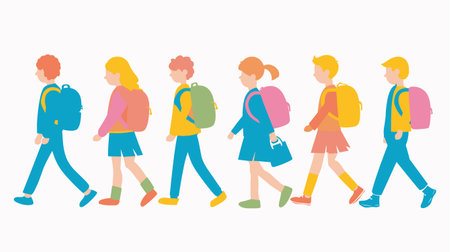 Six children walking side side, carrying backpack. Colorful simple vector illustration kids casual clothing going school. Diverse group boys girls shown profile viewのイラスト素材