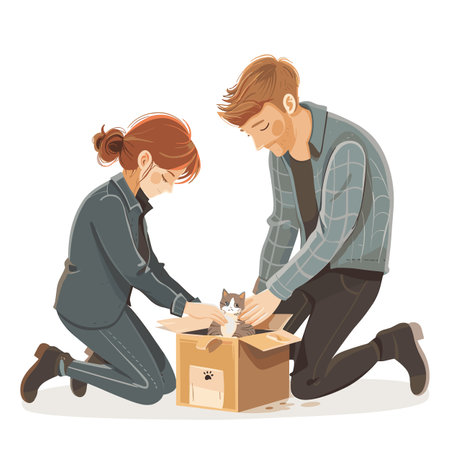 Young man woman kneel open cardboard box, kitten inside box catching attention. Couple engages pet care, gentle expressions, unboxing new pet. Casual clothing, isolated white background, tenderのイラスト素材