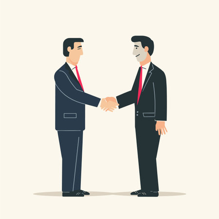 Two businessmen shaking hands, agreement, deal, partnership. Professional attire, suits, ties, happy expression, business meeting. Cartoon style simple design beige backgroundのイラスト素材