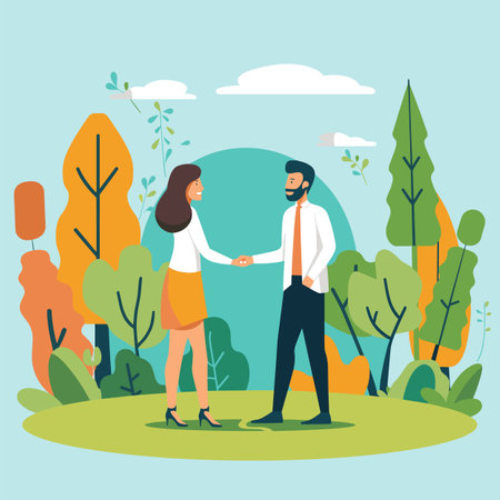 Man woman shaking hands park, business casual attire, friendly meeting outdoors. Professional handshake between male female colleagues, autumn trees, business deal nature. Partnership agreementのイラスト素材
