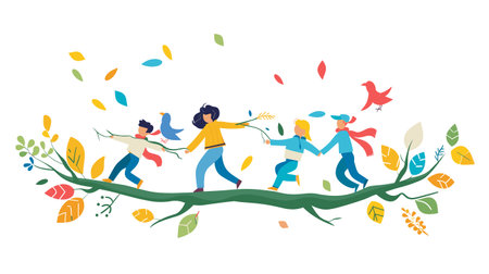 Four diverse animated characters dance stylized green plant branch colorful leaves birds flight, depicting joy natures harmony. Animated kids adults celebrate seasons artistic concept reflectingのイラスト素材