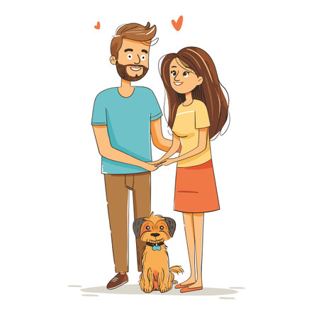 Young couple holding hands lovingly, smiling, standing. Small brown dog sits their feet, looking viewer, tongue out. Casual attire, hearts floating, affectionate moment, white backgroundのイラスト素材
