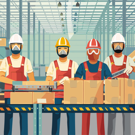 Four workers protective gear factory assembly line handling boxes. Multicultural team wearing hard hats, safety goggles, masks operating machinery. Industrial setting, conveyor belt cardboardのイラスト素材