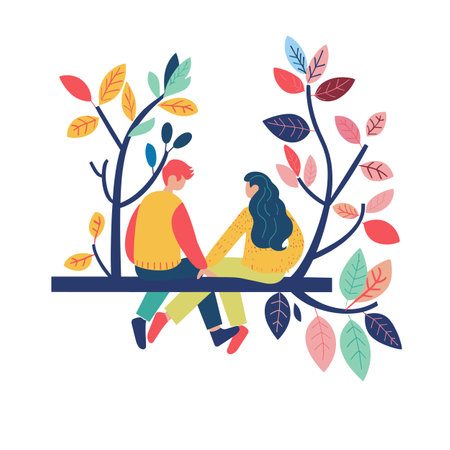 Couple sitting swing attached colorful tree, man woman holding hands, romantic illustration. Youthful male female enjoying others company, love concept, whimsical art style. Autumnal hues, joyfulのイラスト素材