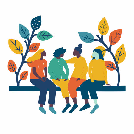 Four diverse friends sitting bench park conversing autumn. Friendly multiracial group enjoy fall season outdoors casual wear. Colorful leaves, tree, peaceful friendship gathering city parkのイラスト素材