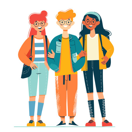 Three young adults smiling, standing together. Group friends, diverse ethnicities, casual fashion. Happy college students, friendship, cheerful youth posingのイラスト素材