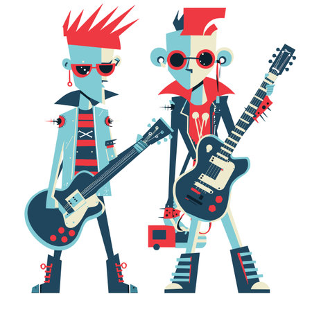 Two cartoon musicians punk rock style playing, edgy haircut, attitude, punk rock band members, colorful caricature, electric, vibrant outfits. Cartoon music performersのイラスト素材