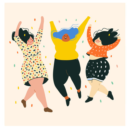 Three diverse women dancing joyfully, celebration concept, happiness through movement colorful clothing. Characters expressing freedom enjoyment festive atmosphere confettilike details. Modernのイラスト素材