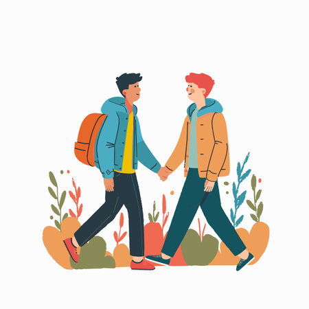Two young men walking together holding hands among colorful stylized plants. One man has dark hair, blue jacket, orange backpack redhead, yellow coat. Friendship, casual clothing, smiling facesのイラスト素材