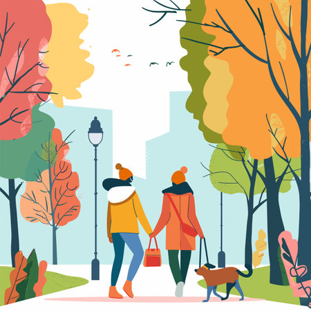 Two women walking dog autumn park, vibrant foliage, cityscape background. Friends enjoy fall season together, casual outerwear, warm hats, stroll pet, relaxed outdoor activityのイラスト素材