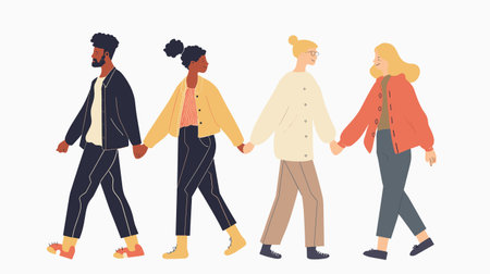 Two diverse couples holding hands walking side side, showing multicultural friendship relationships. African American man woman walk alongside Caucasian man woman, all dressed casual clothingのイラスト素材