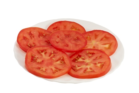 Slices of ripe tomatoes on a plateの写真素材